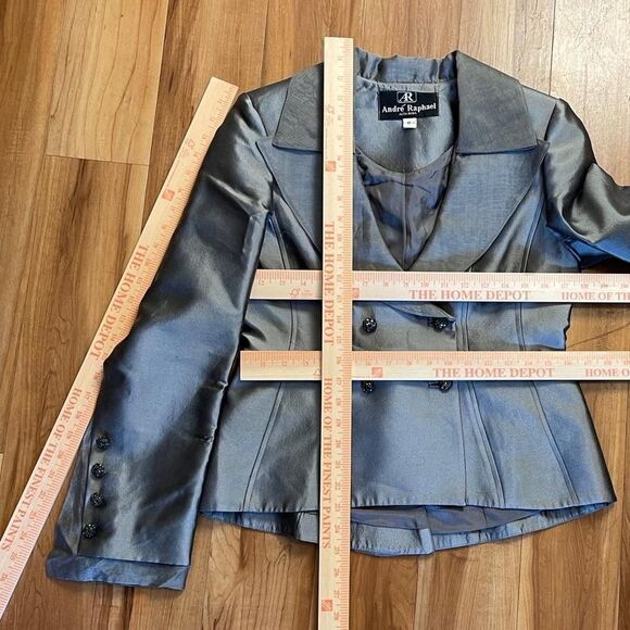 Vtg 90s André Raphael Alta Moda 100% Silk Metallic Gray Fitted Blazer Jacket 8 - Picture 8 of 9